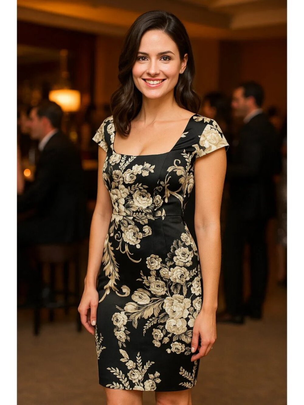 White House Black Market Black Gold Floral Sheath Dress  Size 4 Structured